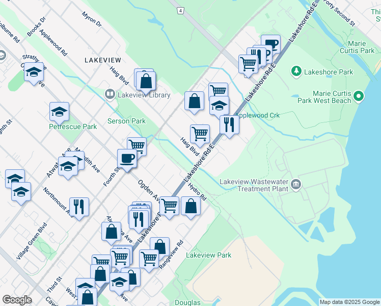 map of restaurants, bars, coffee shops, grocery stores, and more near in Mississauga