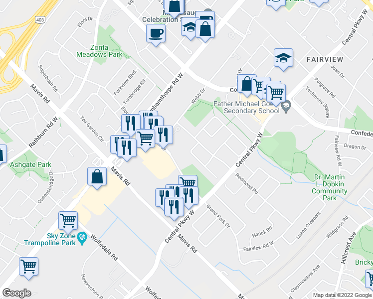 map of restaurants, bars, coffee shops, grocery stores, and more near 3570 Italia Crescent in Mississauga