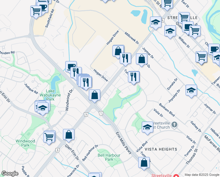 map of restaurants, bars, coffee shops, grocery stores, and more near 2370 Britannia Road West in Mississauga