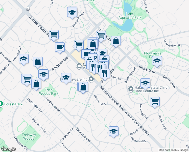 map of restaurants, bars, coffee shops, grocery stores, and more near 6590 Meadowvale Town Centre Circle in Mississauga