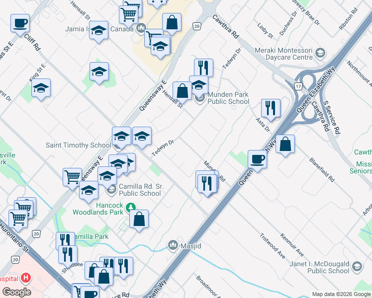 map of restaurants, bars, coffee shops, grocery stores, and more near 2140 Munden Road in Mississauga