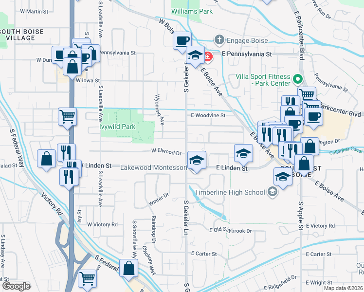 map of restaurants, bars, coffee shops, grocery stores, and more near 235 West Elwood Drive in Boise