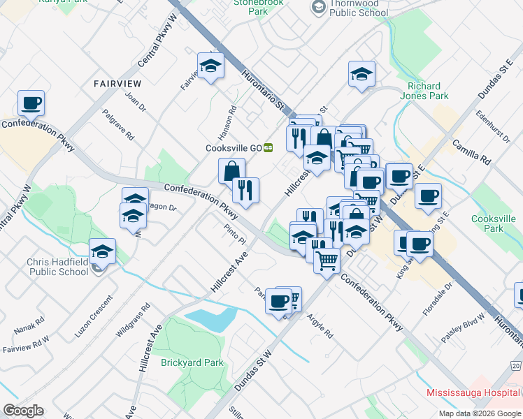 map of restaurants, bars, coffee shops, grocery stores, and more near 145 Hillcrest Avenue in Mississauga