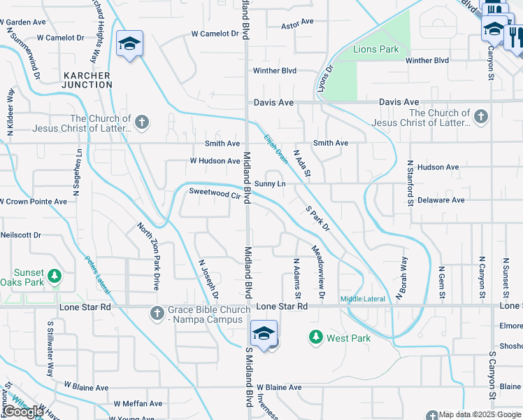 map of restaurants, bars, coffee shops, grocery stores, and more near 54 North Benewah Circle in Nampa