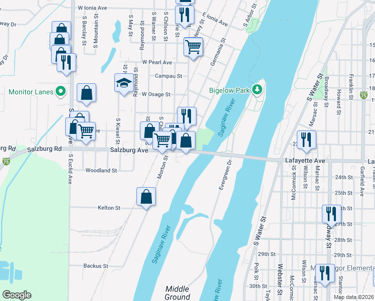 map of restaurants, bars, coffee shops, grocery stores, and more near 1999 South Wenona Street in Bay City