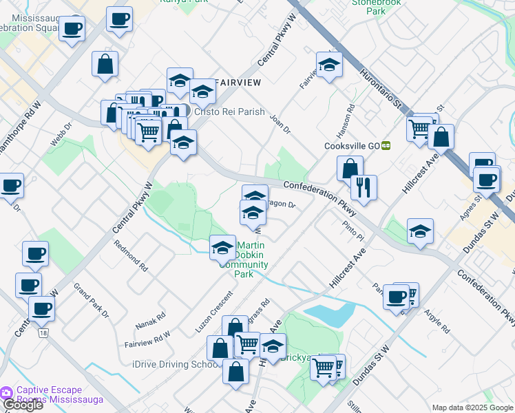 map of restaurants, bars, coffee shops, grocery stores, and more near 306 Fairview Road West in Mississauga