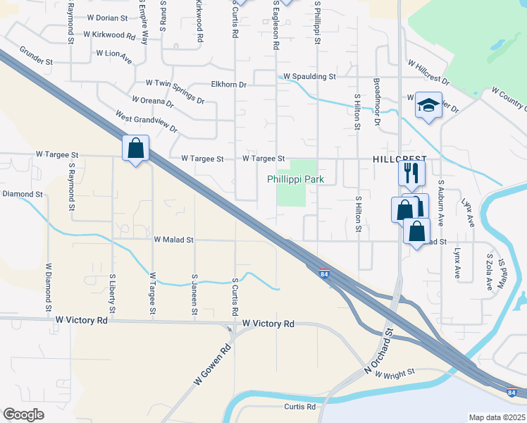 map of restaurants, bars, coffee shops, grocery stores, and more near 2501 South Eagleson Road in Boise