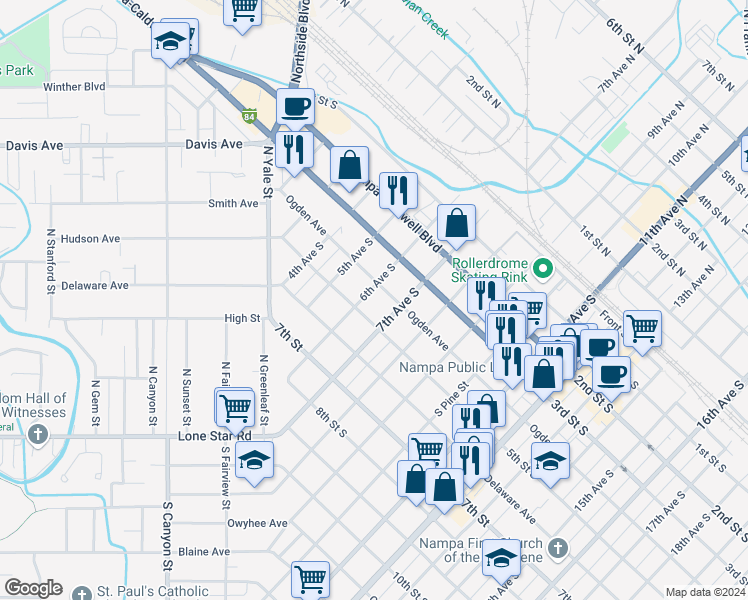 map of restaurants, bars, coffee shops, grocery stores, and more near 412 6th Avenue South in Nampa