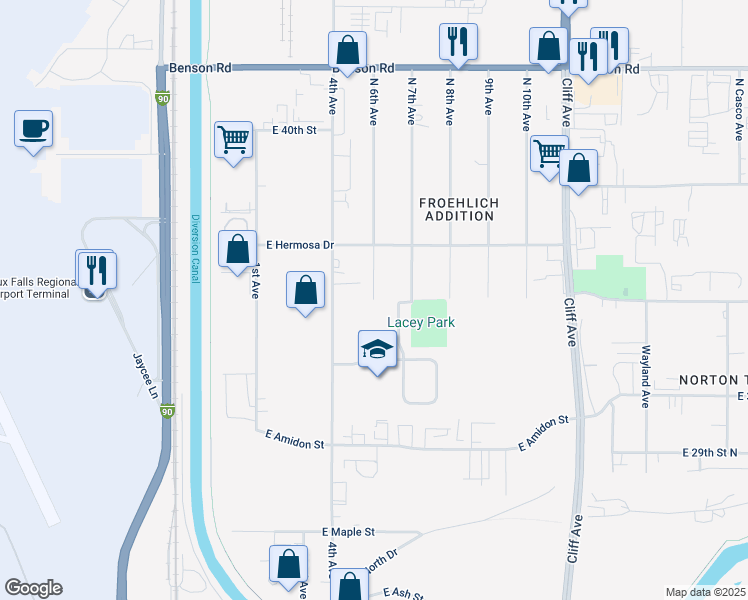 map of restaurants, bars, coffee shops, grocery stores, and more near 3001 North 6th Avenue in Sioux Falls