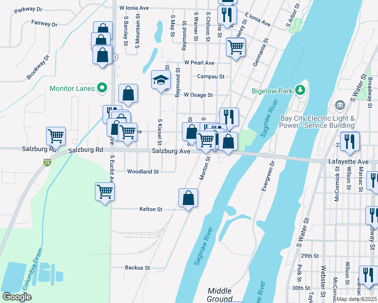 map of restaurants, bars, coffee shops, grocery stores, and more near Salzburg Ave & S Warner St in Bay City