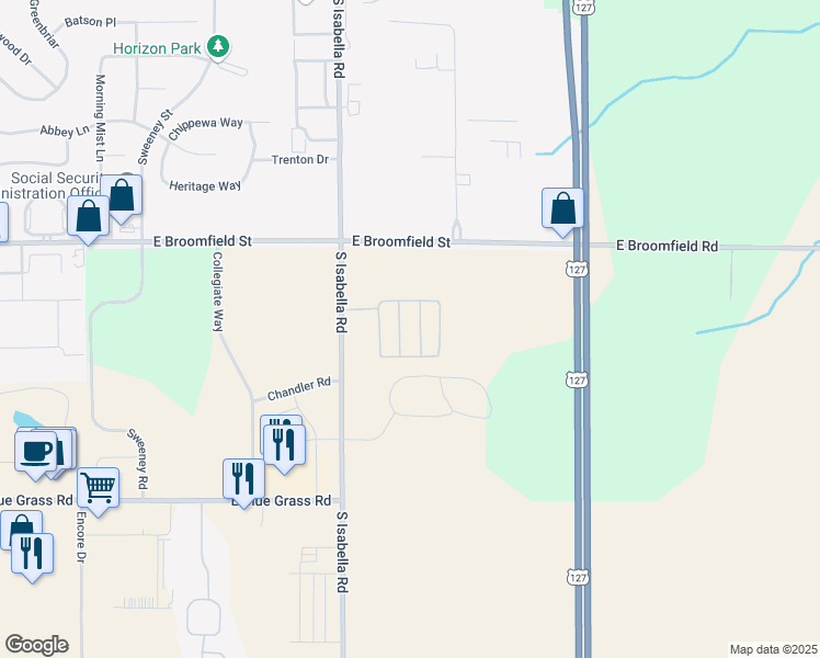 map of restaurants, bars, coffee shops, grocery stores, and more near 4636 East Broomfield Road in Mount Pleasant