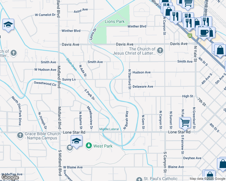 map of restaurants, bars, coffee shops, grocery stores, and more near 61 North Liberty Drive in Nampa