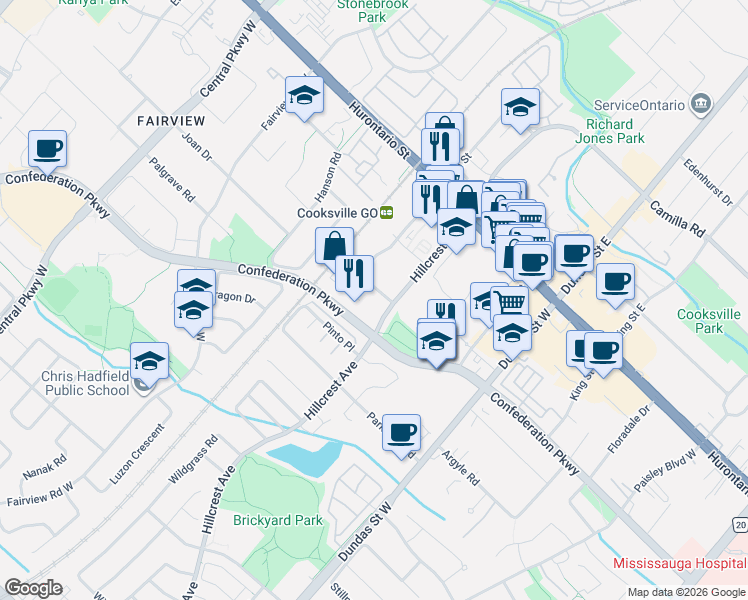 map of restaurants, bars, coffee shops, grocery stores, and more near 145 Hillcrest Avenue in Mississauga