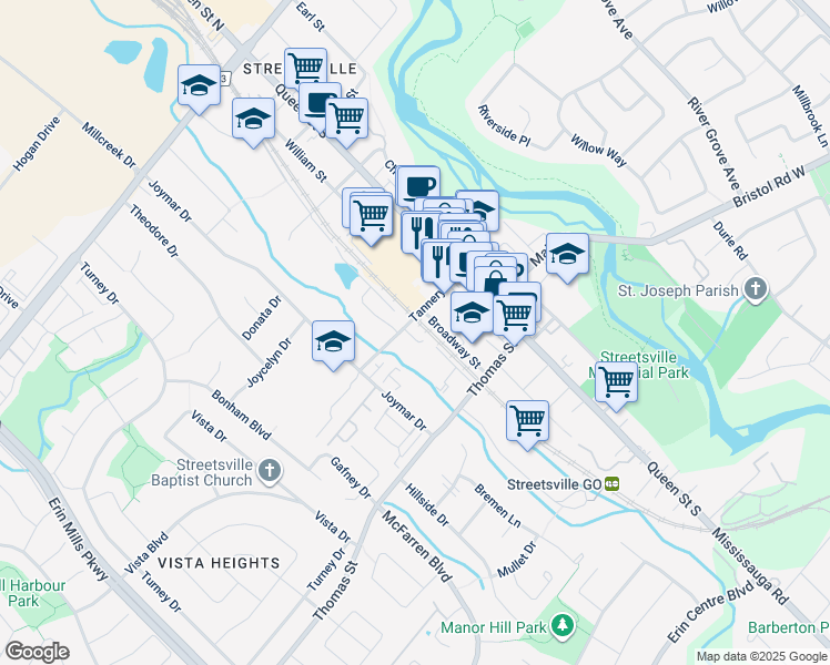 map of restaurants, bars, coffee shops, grocery stores, and more near in Mississauga