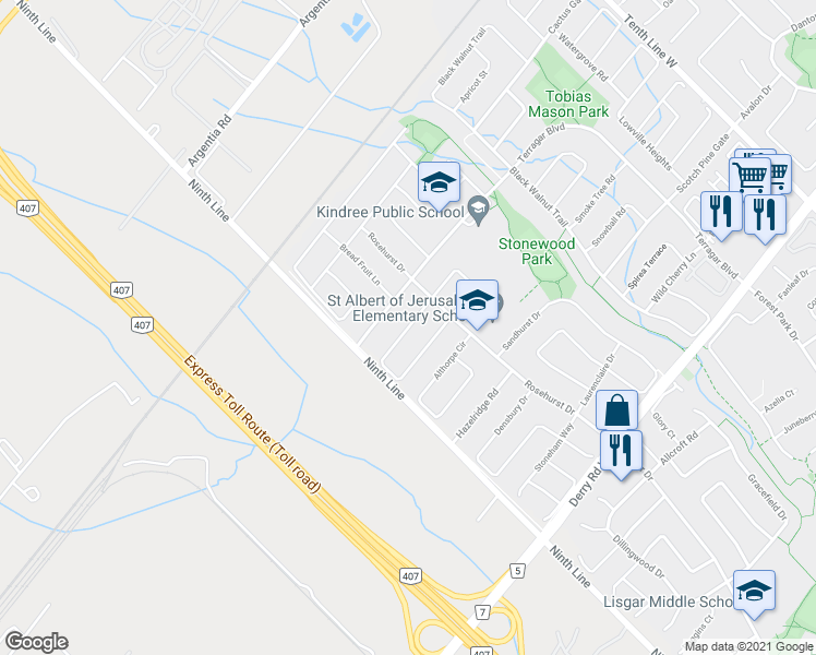 map of restaurants, bars, coffee shops, grocery stores, and more near Milkwood Crescent in Mississauga