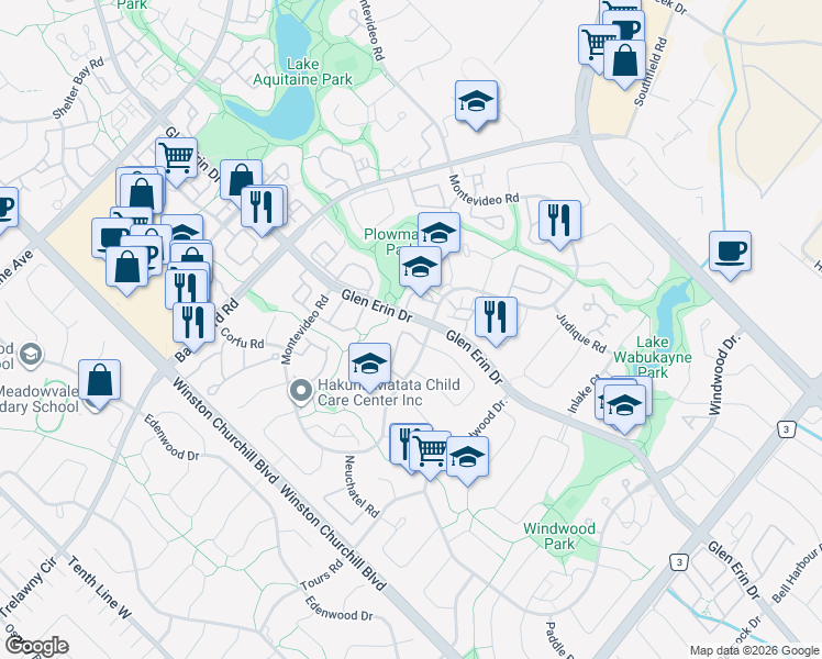map of restaurants, bars, coffee shops, grocery stores, and more near 5878 Montevideo Road in Mississauga