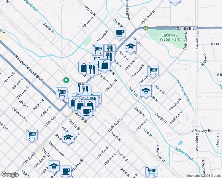 map of restaurants, bars, coffee shops, grocery stores, and more near 1215 2nd Street North in Nampa