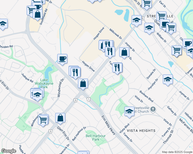 map of restaurants, bars, coffee shops, grocery stores, and more near 2356 Peel Regional Road 3 in Mississauga