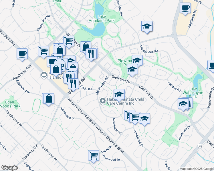 map of restaurants, bars, coffee shops, grocery stores, and more near in Mississauga