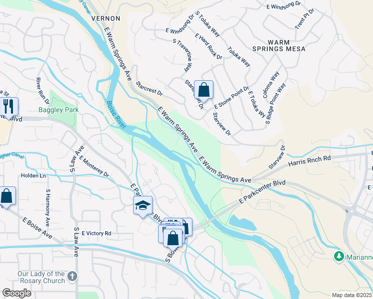 map of restaurants, bars, coffee shops, grocery stores, and more near East Warm Springs Avenue in Boise