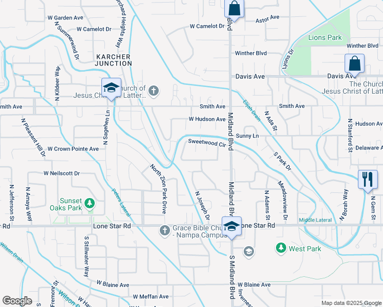 map of restaurants, bars, coffee shops, grocery stores, and more near 1085 Sweetwood Circle in Nampa