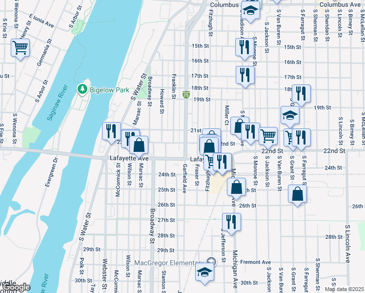 map of restaurants, bars, coffee shops, grocery stores, and more near 1001-1099 Garfield Ave in Bay City