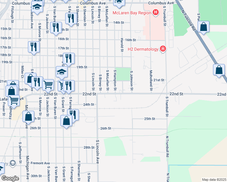 map of restaurants, bars, coffee shops, grocery stores, and more near 1002 South Hampton Street in Bay City