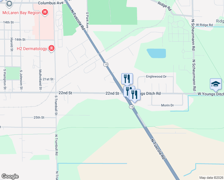 map of restaurants, bars, coffee shops, grocery stores, and more near 118 North Tuscola Road in Bay City