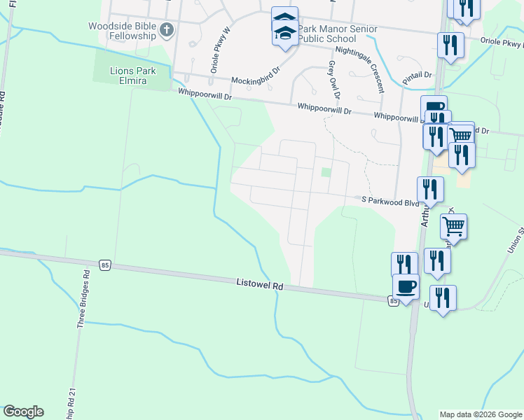 map of restaurants, bars, coffee shops, grocery stores, and more near 33 Bur Oak Drive in Elmira
