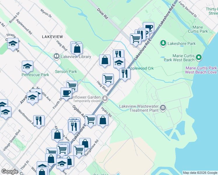 map of restaurants, bars, coffee shops, grocery stores, and more near 1171 Lakeshore Road East in Mississauga