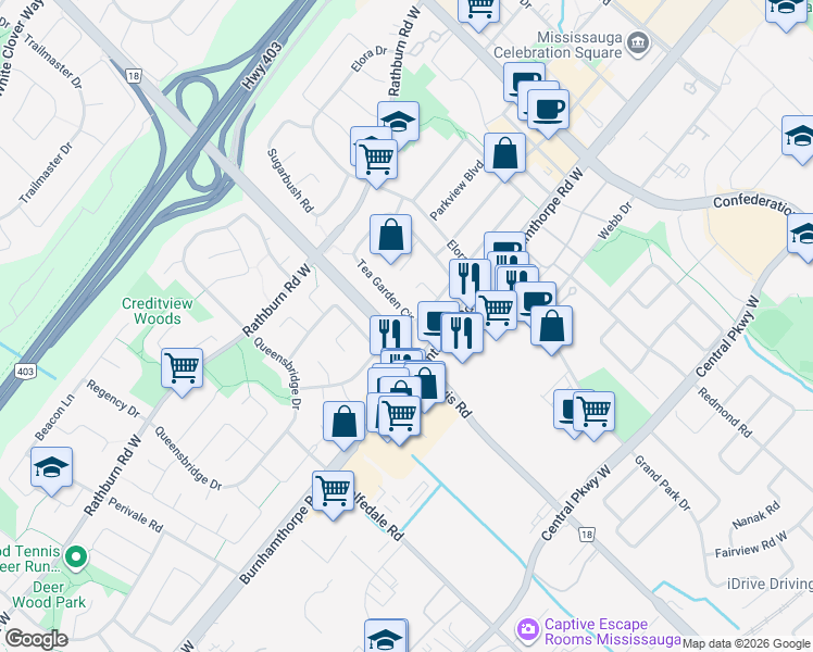 map of restaurants, bars, coffee shops, grocery stores, and more near 654 Brougham Place in Mississauga