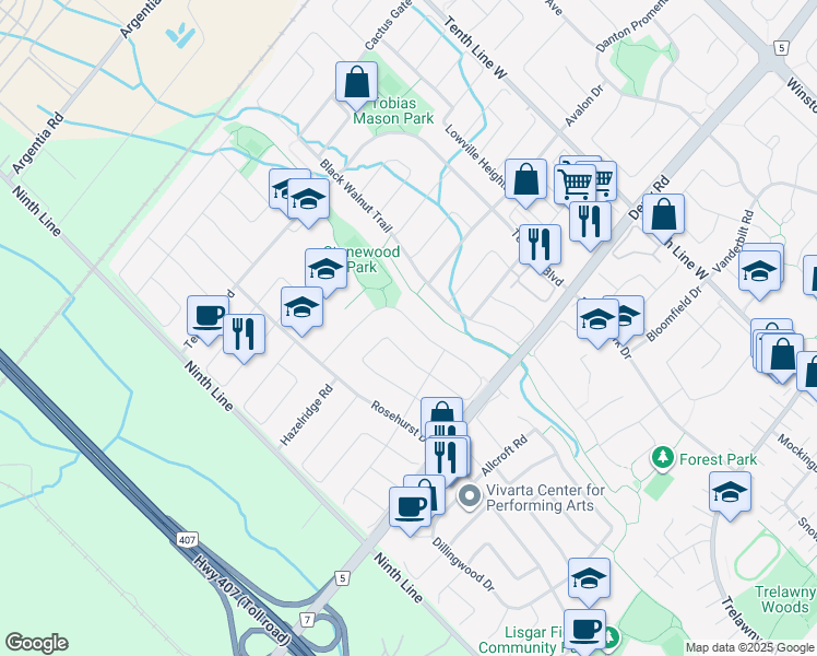 map of restaurants, bars, coffee shops, grocery stores, and more near 7321 Sandhurst Drive in Mississauga