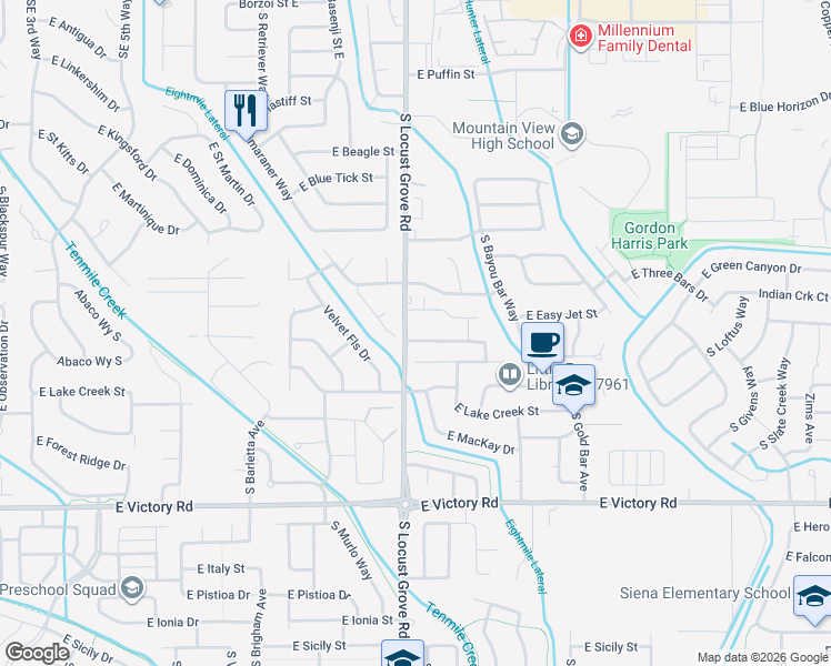 map of restaurants, bars, coffee shops, grocery stores, and more near 2640 South Locust Grove Road in Meridian