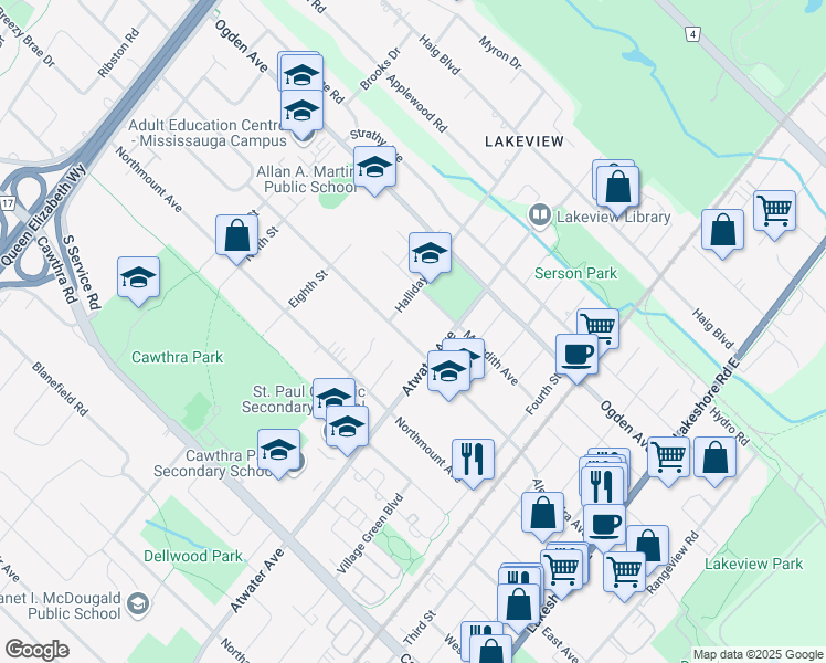 map of restaurants, bars, coffee shops, grocery stores, and more near in Mississauga
