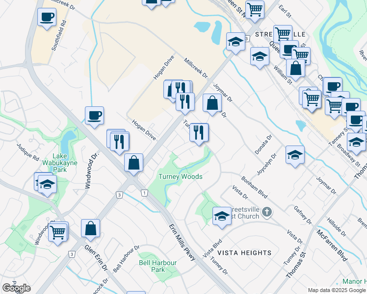 map of restaurants, bars, coffee shops, grocery stores, and more near in Mississauga