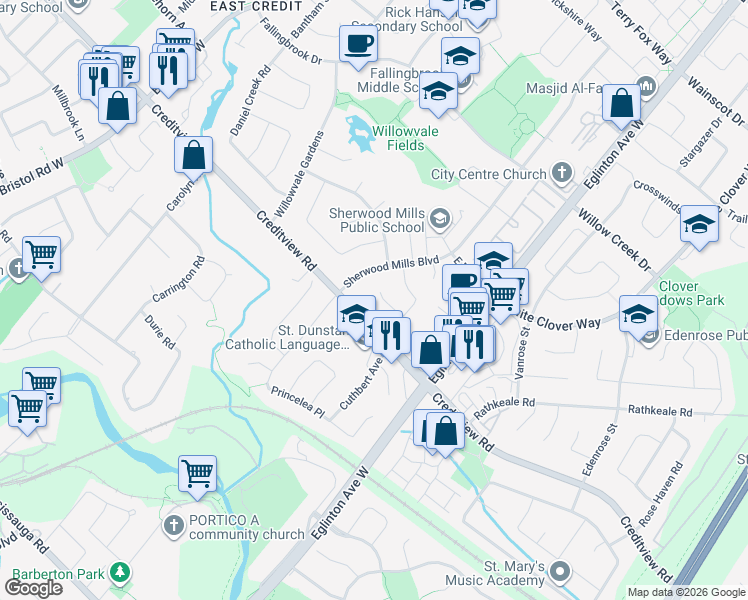 map of restaurants, bars, coffee shops, grocery stores, and more near 5220 Buttermill Court in Mississauga
