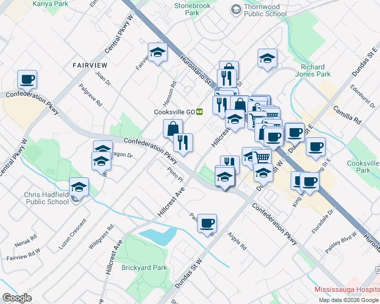 map of restaurants, bars, coffee shops, grocery stores, and more near in Mississauga