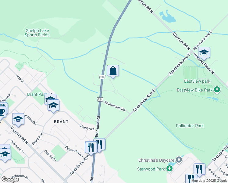 map of restaurants, bars, coffee shops, grocery stores, and more near Hillside Drive in Guelph