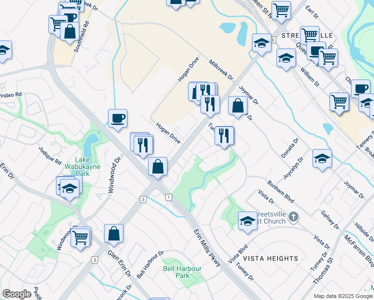 map of restaurants, bars, coffee shops, grocery stores, and more near 2356 Peel Regional Road 3 in Mississauga