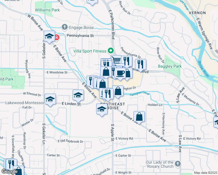 map of restaurants, bars, coffee shops, grocery stores, and more near 2423 South Apple Street in Boise
