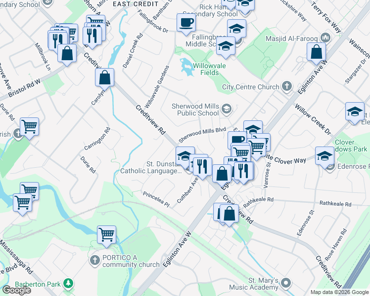 map of restaurants, bars, coffee shops, grocery stores, and more near 5231 Buttermill Court in Mississauga