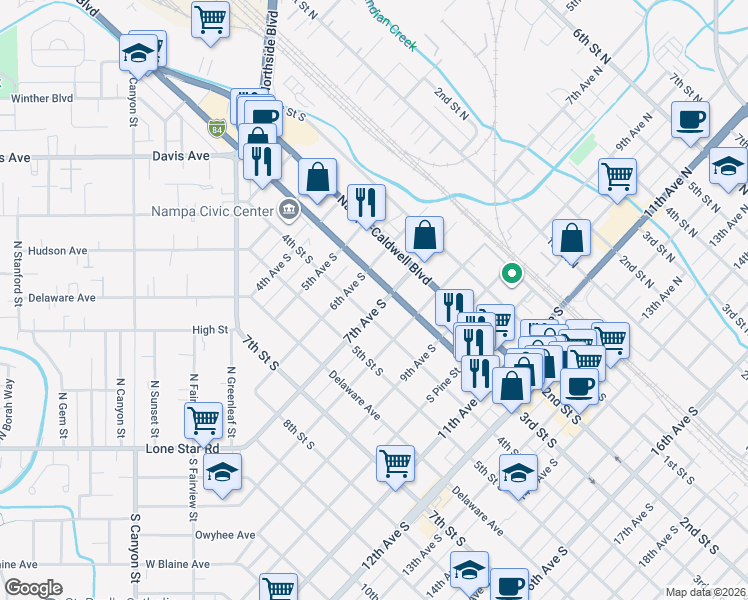 map of restaurants, bars, coffee shops, grocery stores, and more near 611 3rd Street South in Nampa