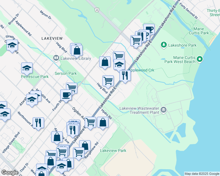 map of restaurants, bars, coffee shops, grocery stores, and more near 1024 Orchard Road in Mississauga