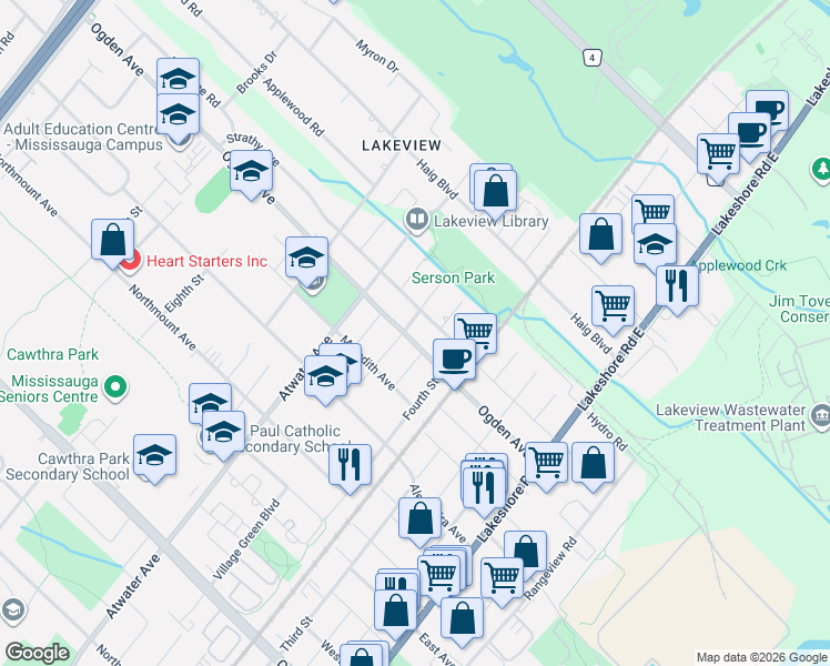 map of restaurants, bars, coffee shops, grocery stores, and more near 1181 Ogden Avenue in Mississauga