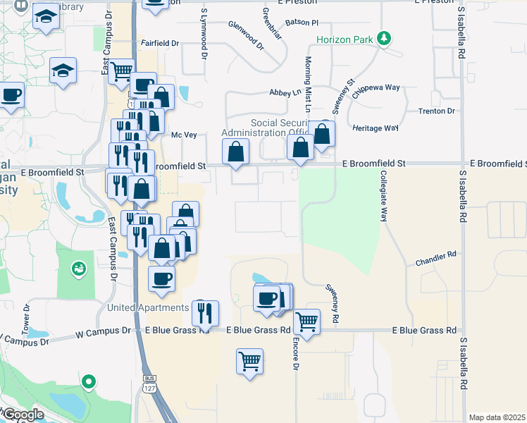 map of restaurants, bars, coffee shops, grocery stores, and more near 1240 East Broomfield Street in Mount Pleasant