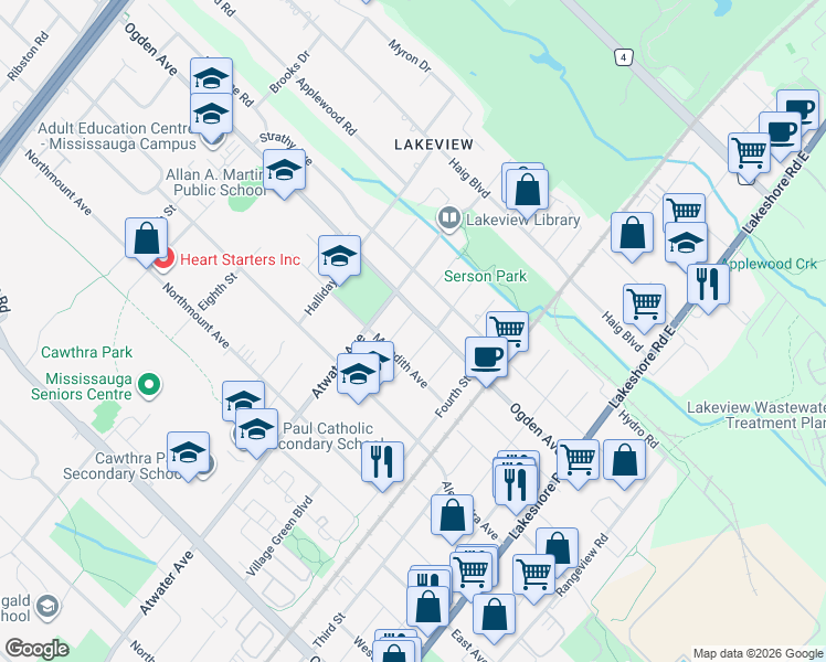 map of restaurants, bars, coffee shops, grocery stores, and more near 1012 Garrard Avenue in Mississauga