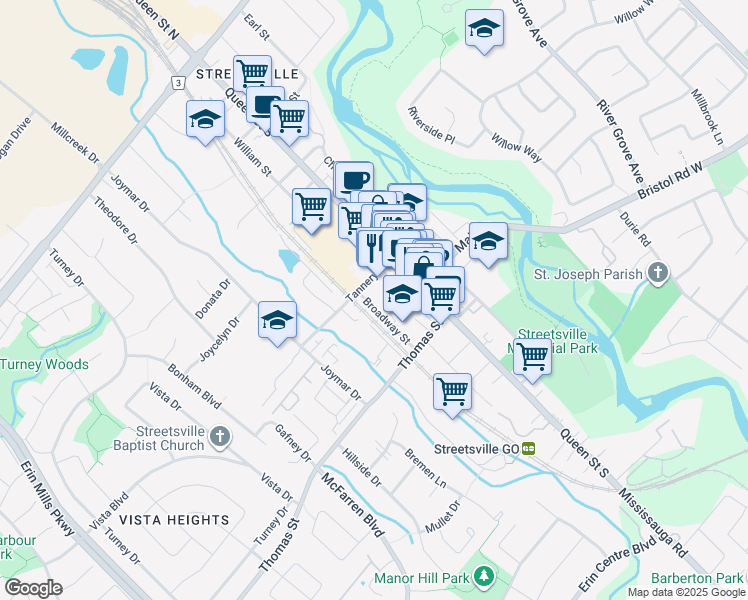 map of restaurants, bars, coffee shops, grocery stores, and more near 190 Queen Street South in Mississauga