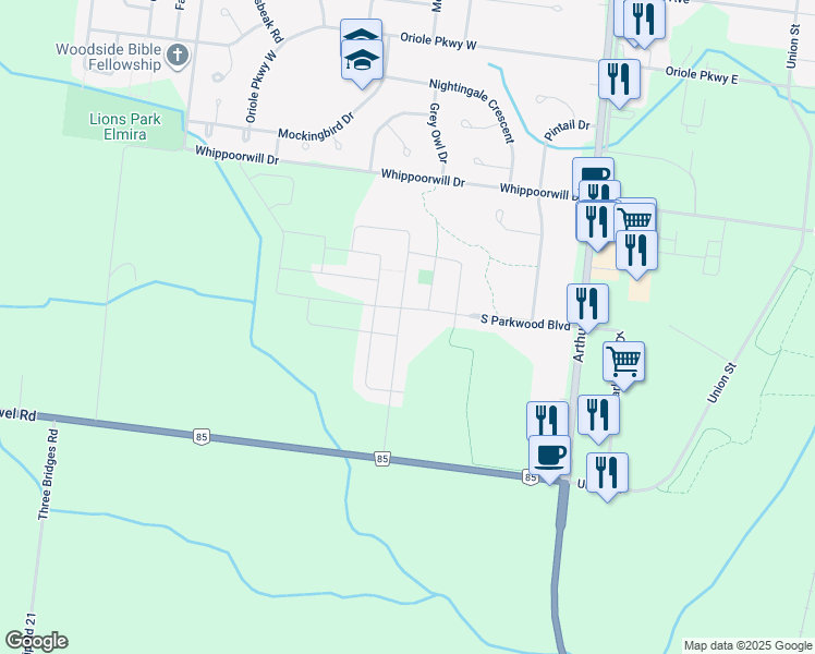 map of restaurants, bars, coffee shops, grocery stores, and more near 164 Timber Trail Road in Waterloo Regional Municipality