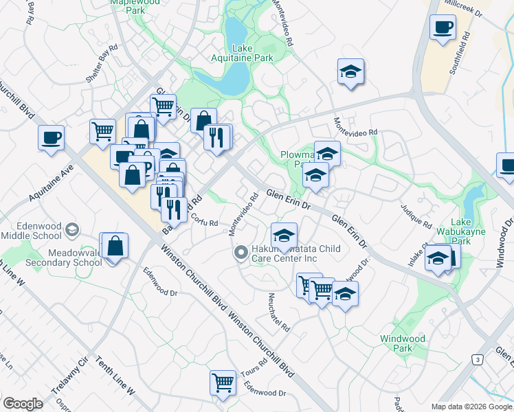 map of restaurants, bars, coffee shops, grocery stores, and more near 5536 Montevideo Road in Mississauga