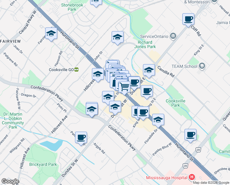 map of restaurants, bars, coffee shops, grocery stores, and more near 25 Agnes Street in Mississauga